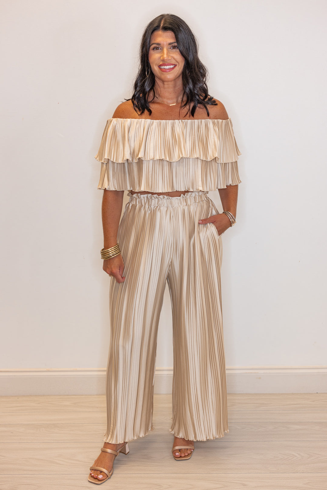 champagne pleated satin wide leg pants