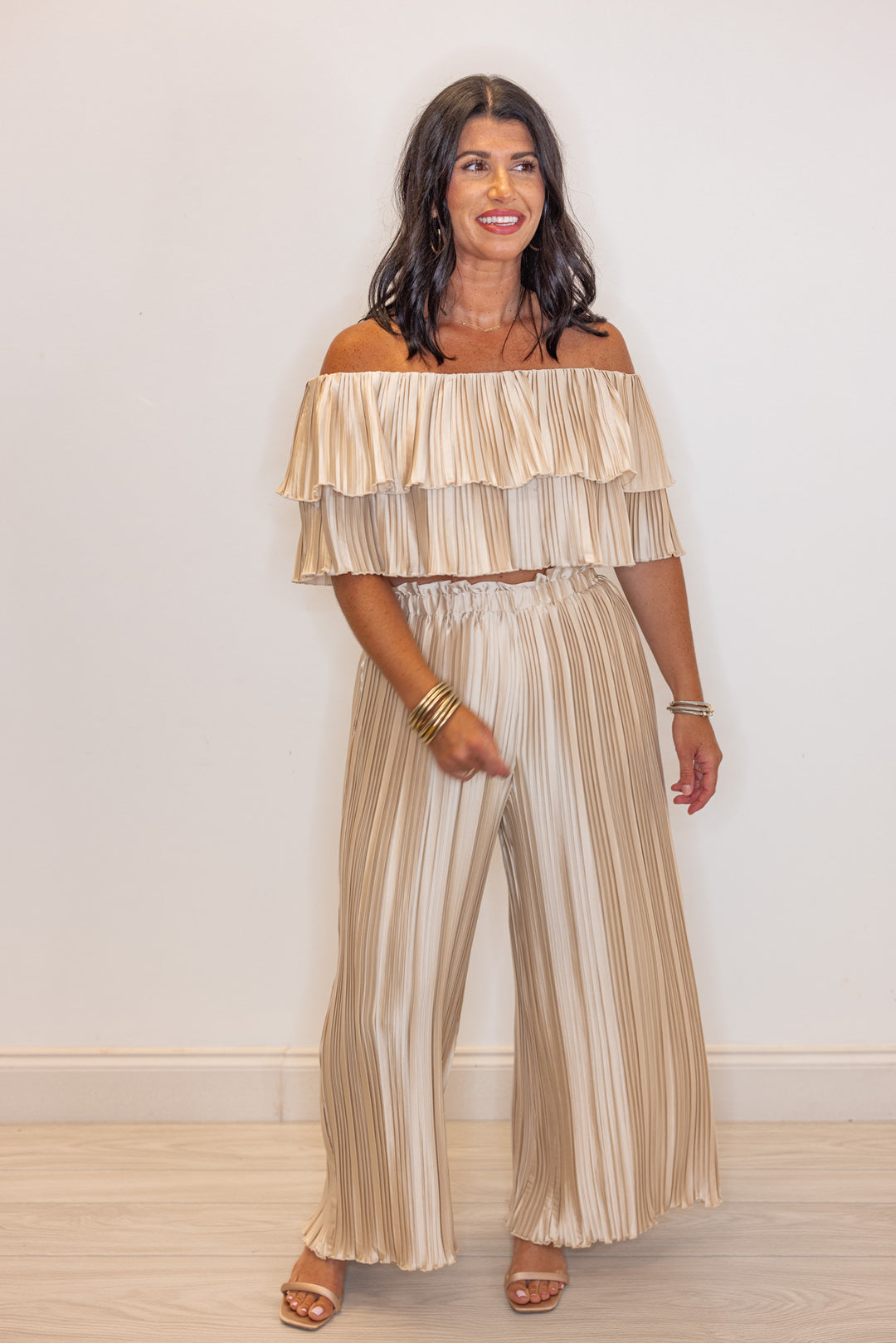 champagne pleated satin wide leg pant set