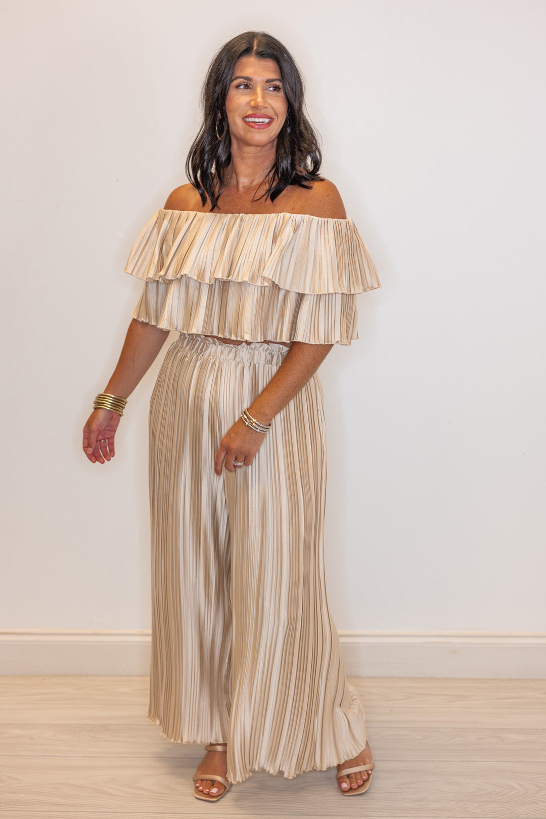 champagne pleated satin wide leg pant outfit