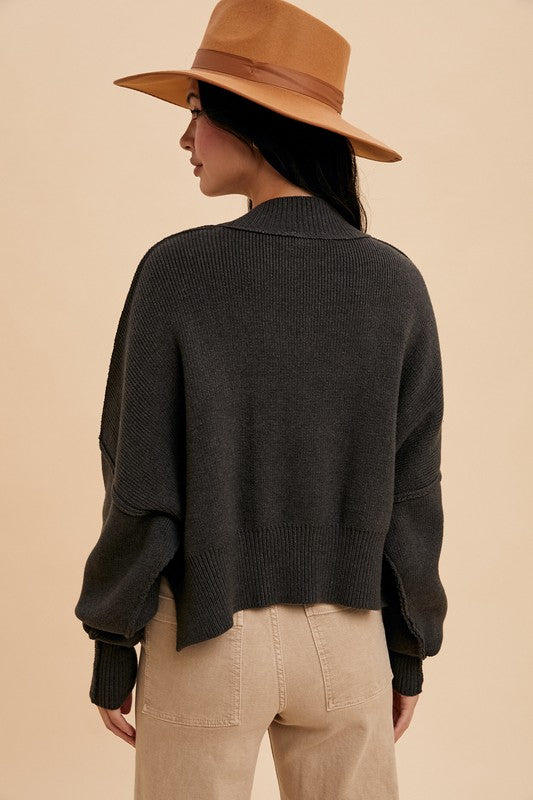 In-Loom Charcoal mock neck semi-cropped sweater with dolman long sleeves