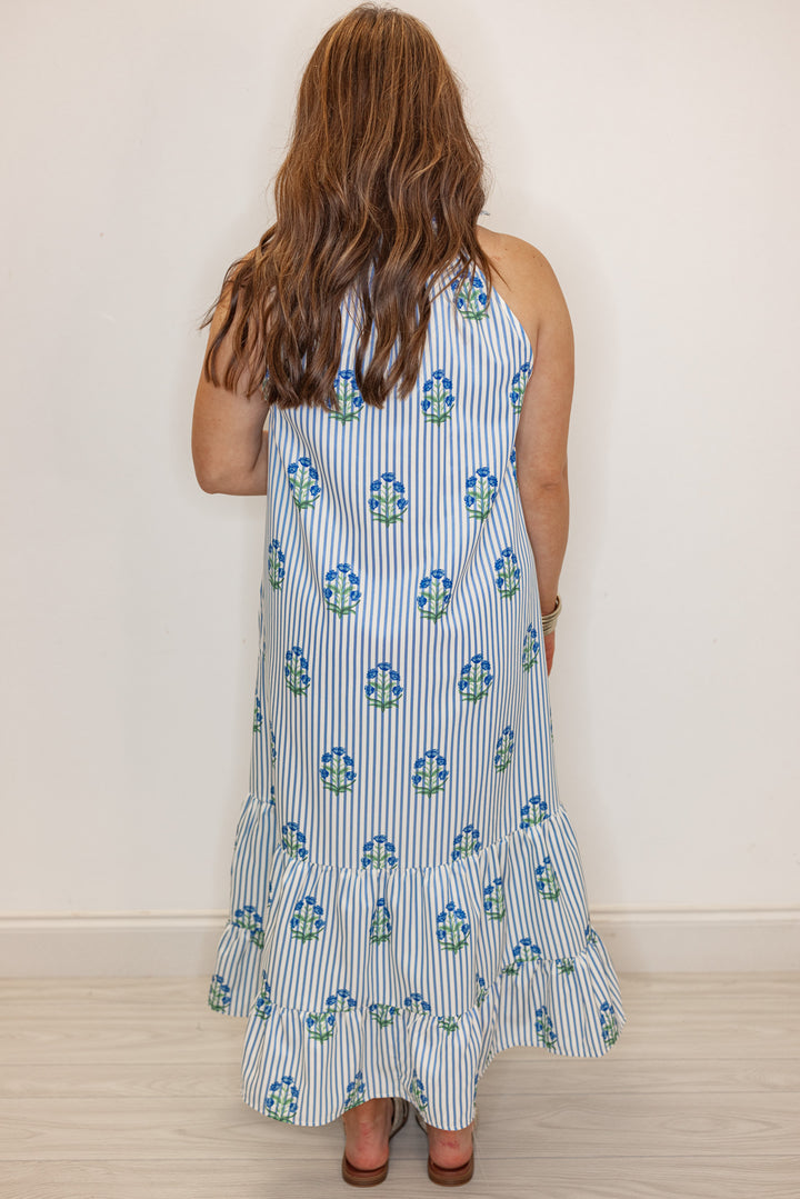 blue white stripe floral maxi dress