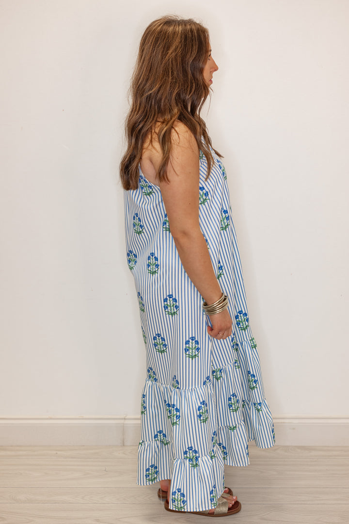blue white stripe floral maxi dress