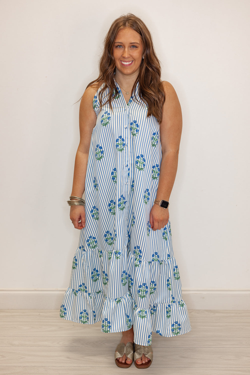 blue white stripe floral maxi dress