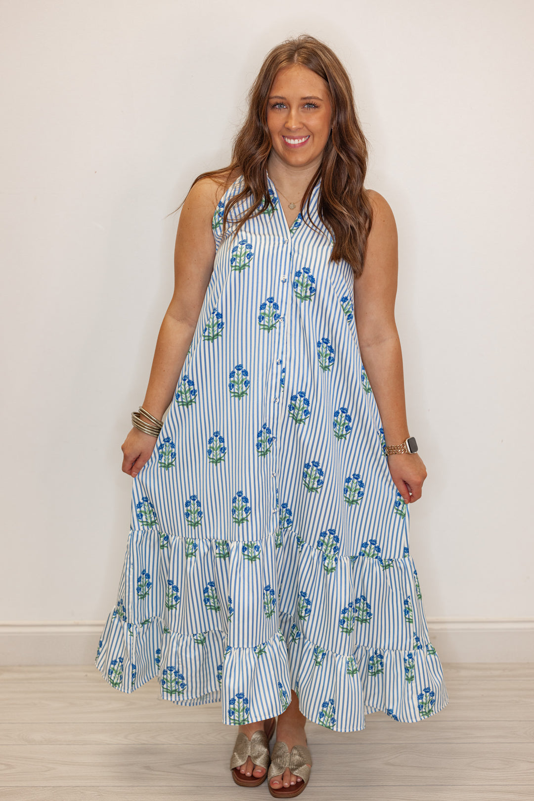 blue white stripe floral maxi dress