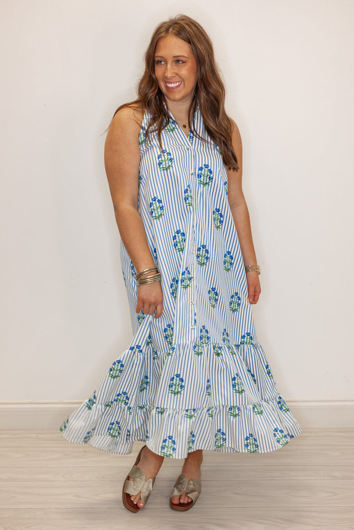 blue white stripe floral maxi dress