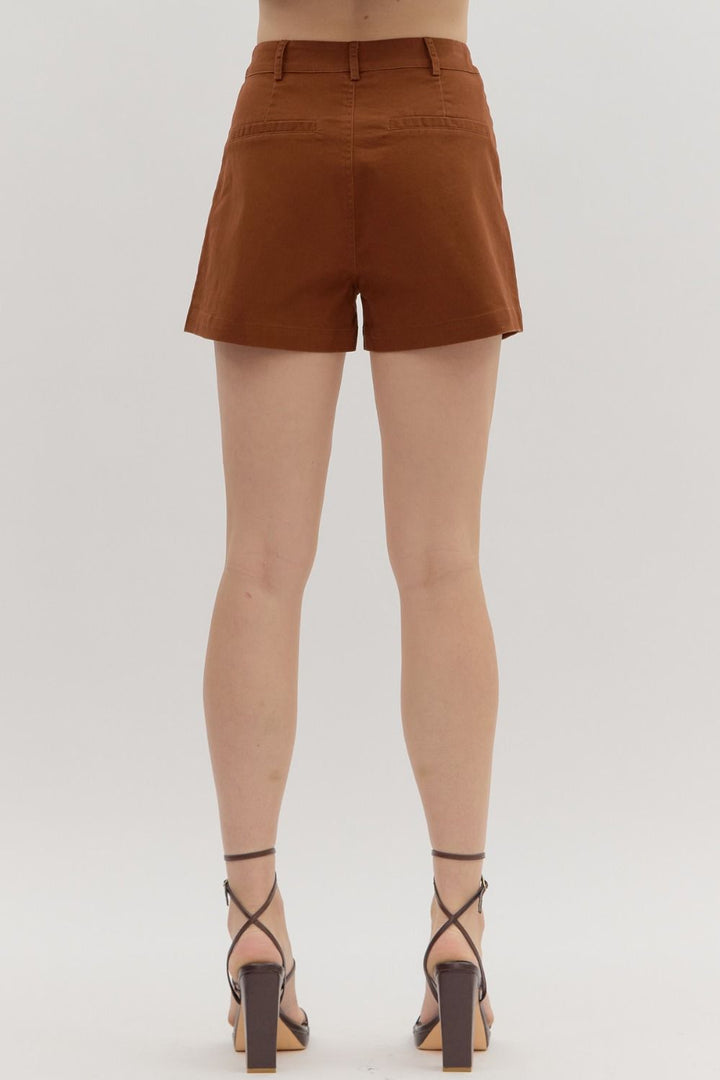 Women's chestnut twill denim shorts with button and zipper closure by Entro showing back view