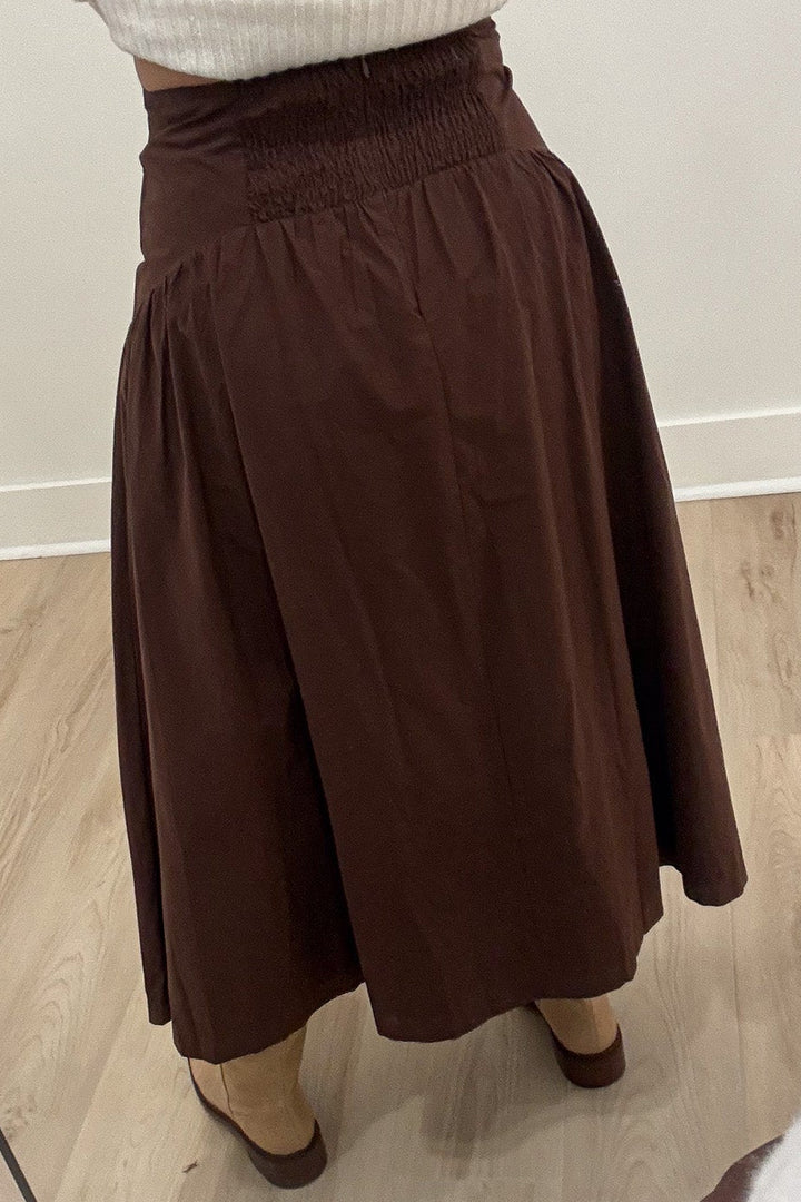 solid chocolate brown flowy silhouette cotton poplin midi skirt with smocked back waist