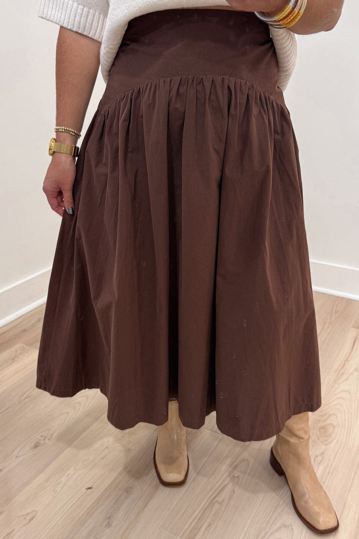 solid chocolate brown flowy silhouette cotton poplin midi skirt with gathered details