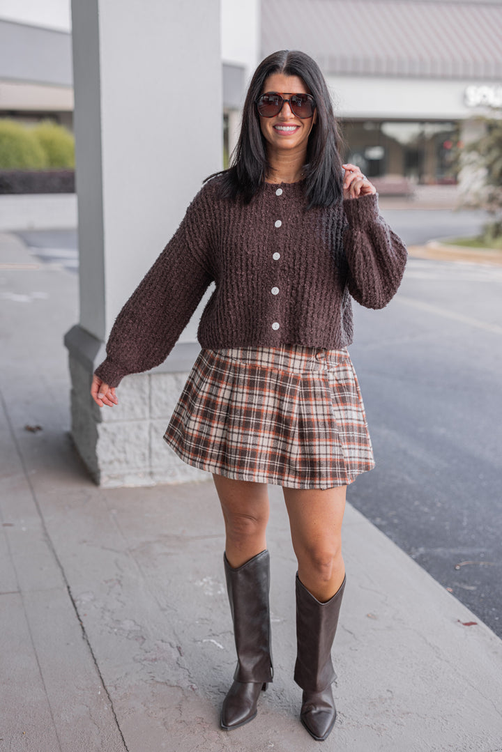 dark brown fuzzy soft knit sweater cardigan top