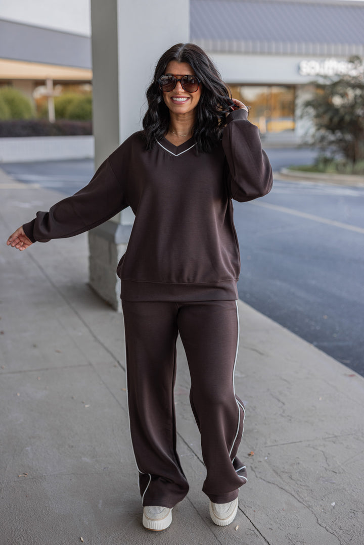 Women's trendy chocolate brown scuba knit top by Rae Mode