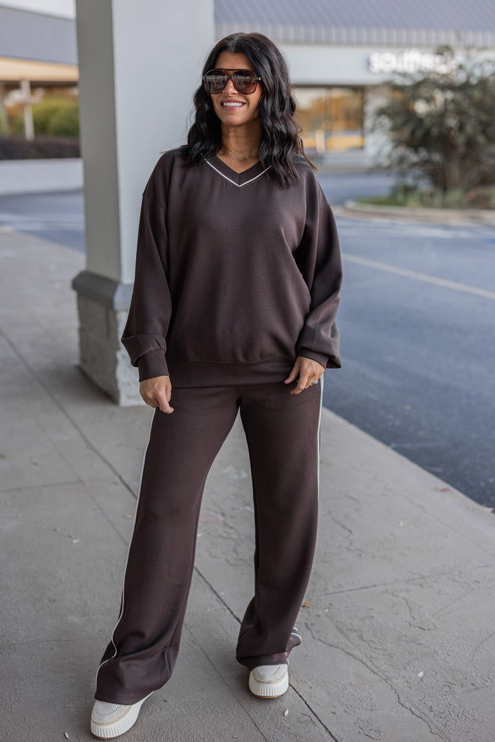 Women's chocolate brown scuba knit straight leg elastic waist pants by Rae Mode shown with matching top