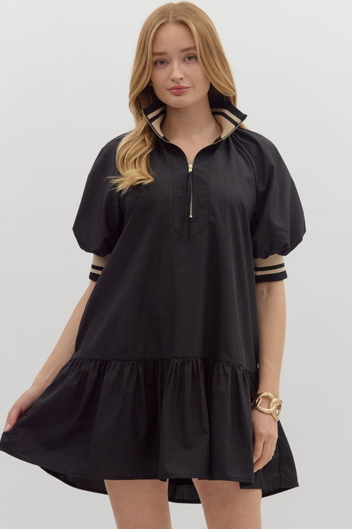 Women's black zipper dress with black and tan ribbed trim by Entro