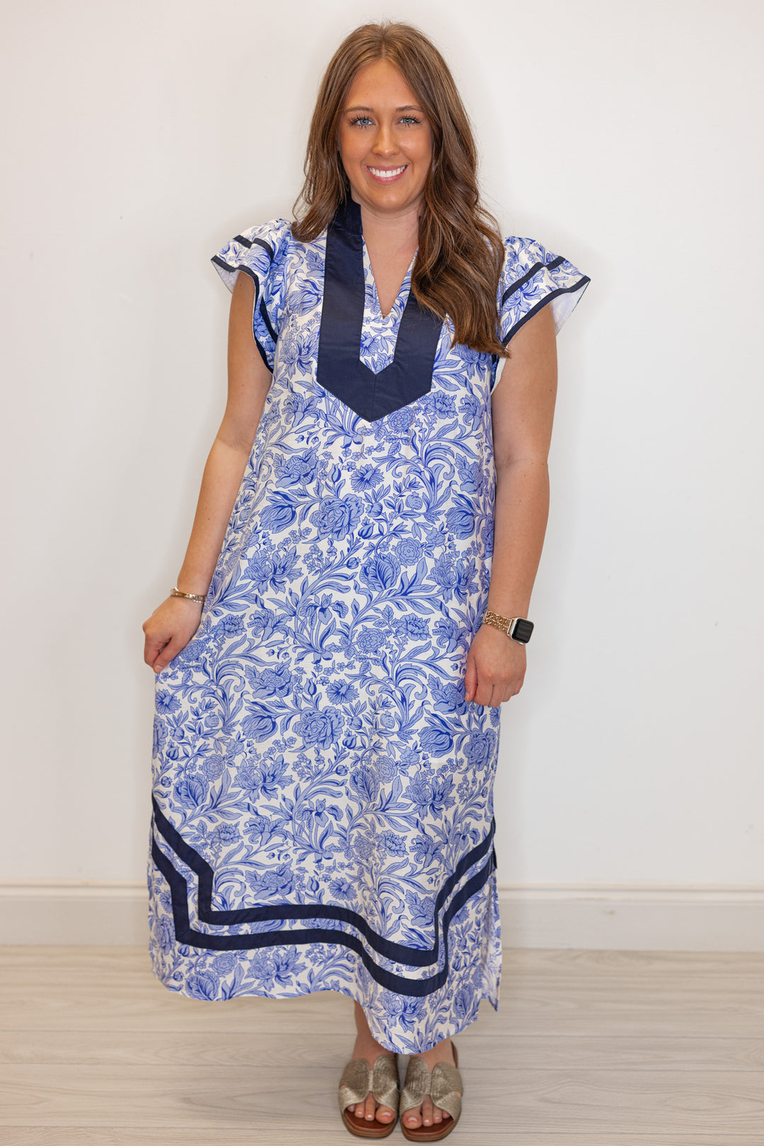 women's trending blue floral print midi dress