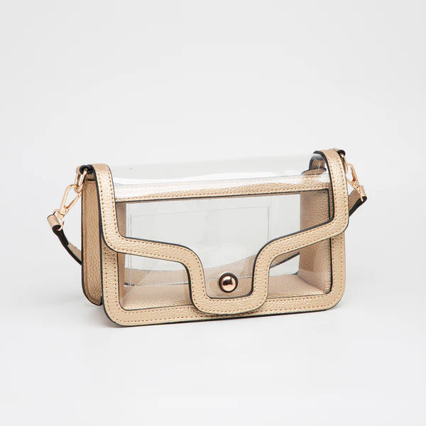 Clear shoulder crossbody bag with gold trim and interchangeable straps by Queens Designs