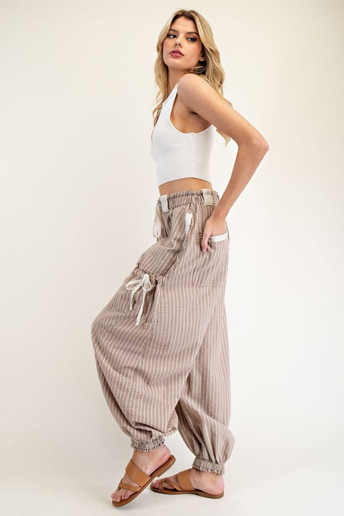 ee:some Coco striped barrel leg drawstring cargo jogger pants with cream trim