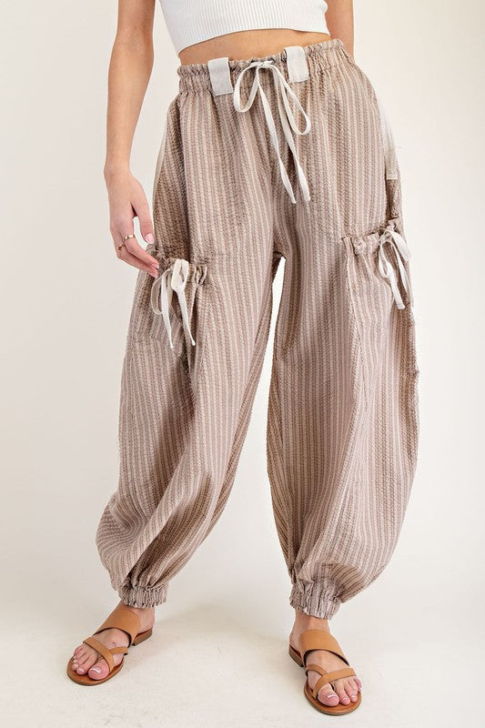ee:some Coco striped barrel leg drawstring cargo jogger pants with cream trim
