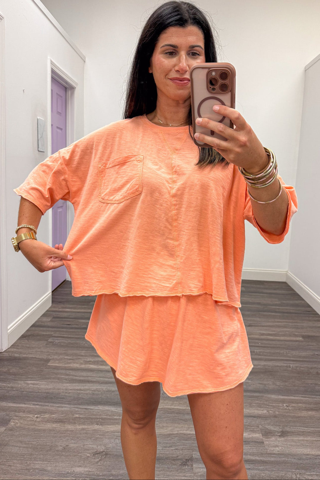 solid light coral relaxed silhouette top and skort slub knit cotton matching athleisure set