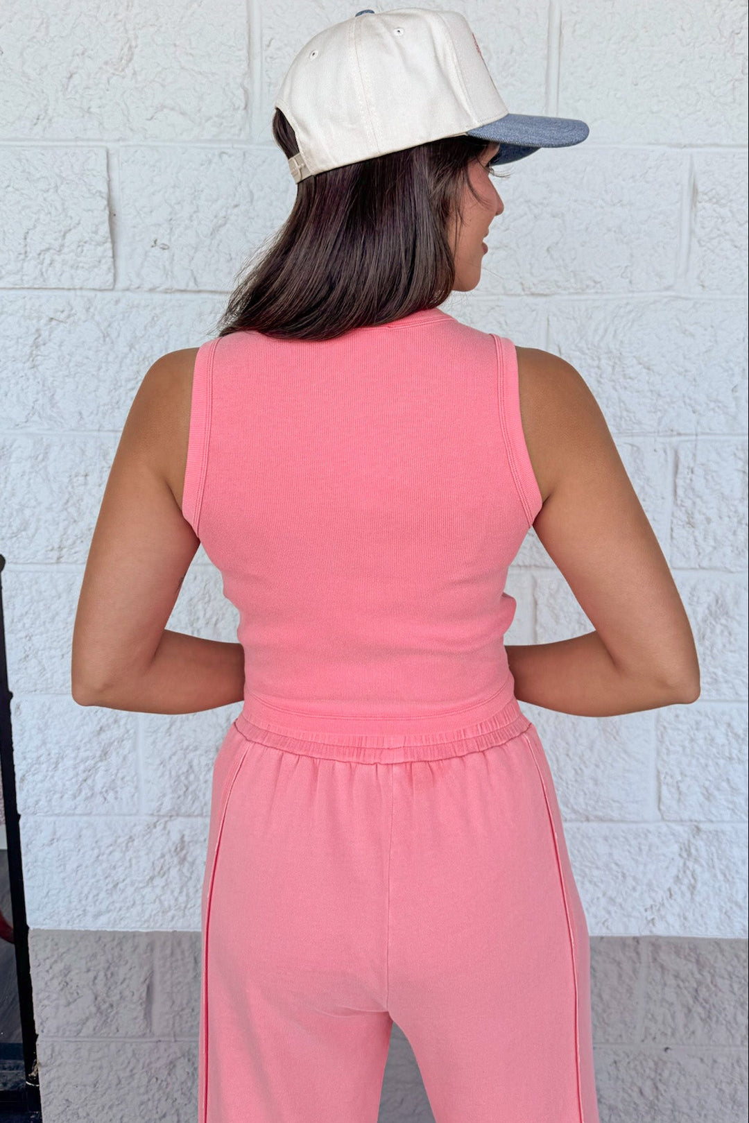 solid papaya coral ribbed tank top and palazzo pants lightweight knit matching set