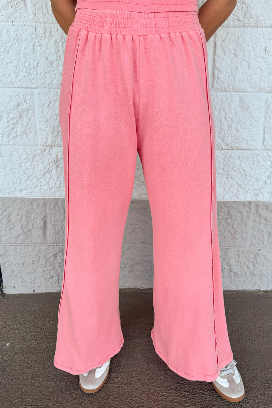 solid papaya coral tank top and wide leg palazzo pants lightweight knit matching set