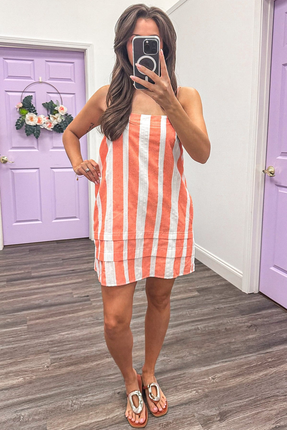 coral and off white vertical striped square neckline sleeveless mini dress