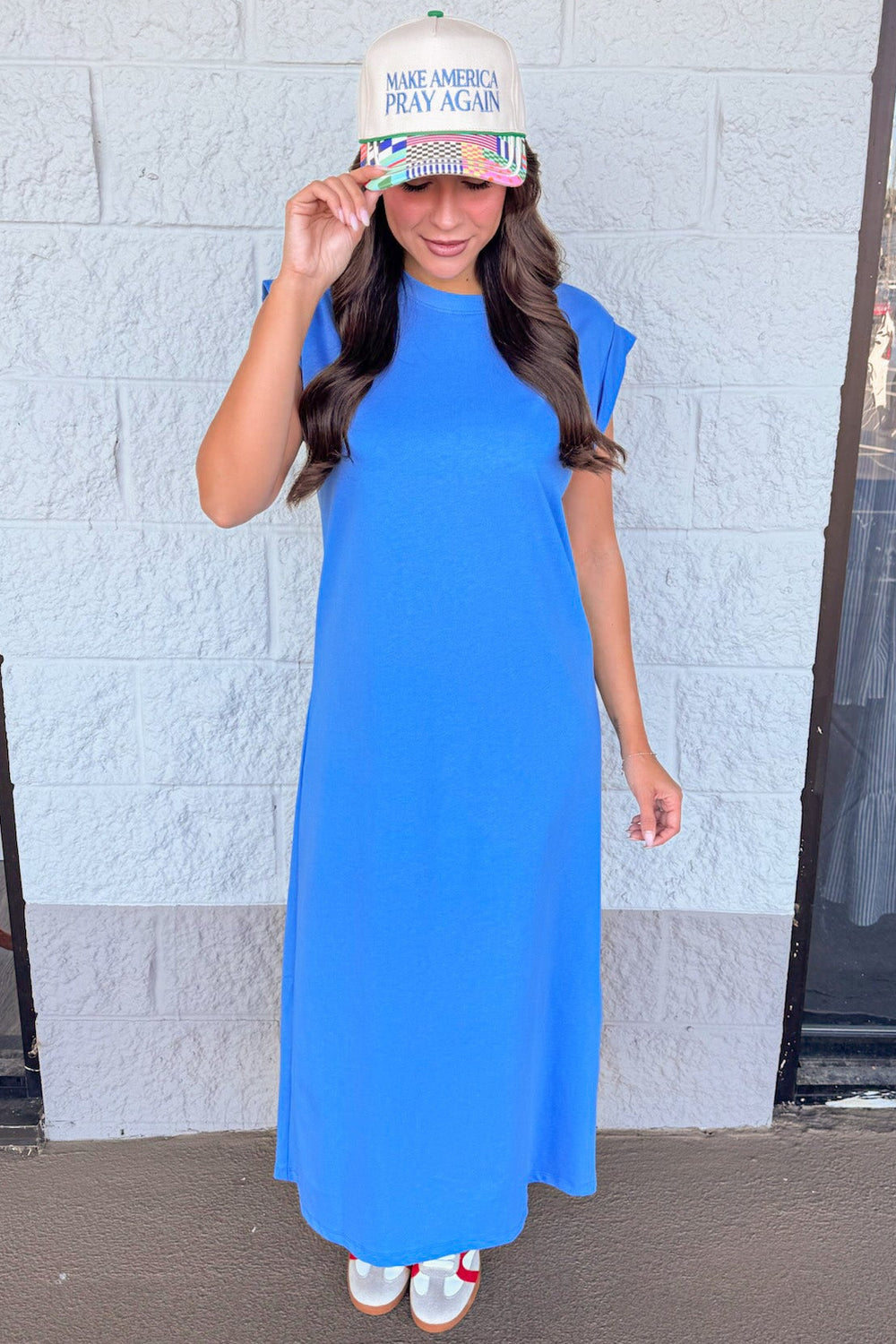 cornflower blue short capped sleeve relaxed silhouette lightweight knit midi dress