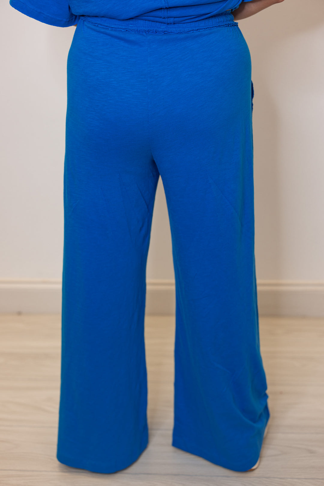 blue cotton knit wide leg lounge pants