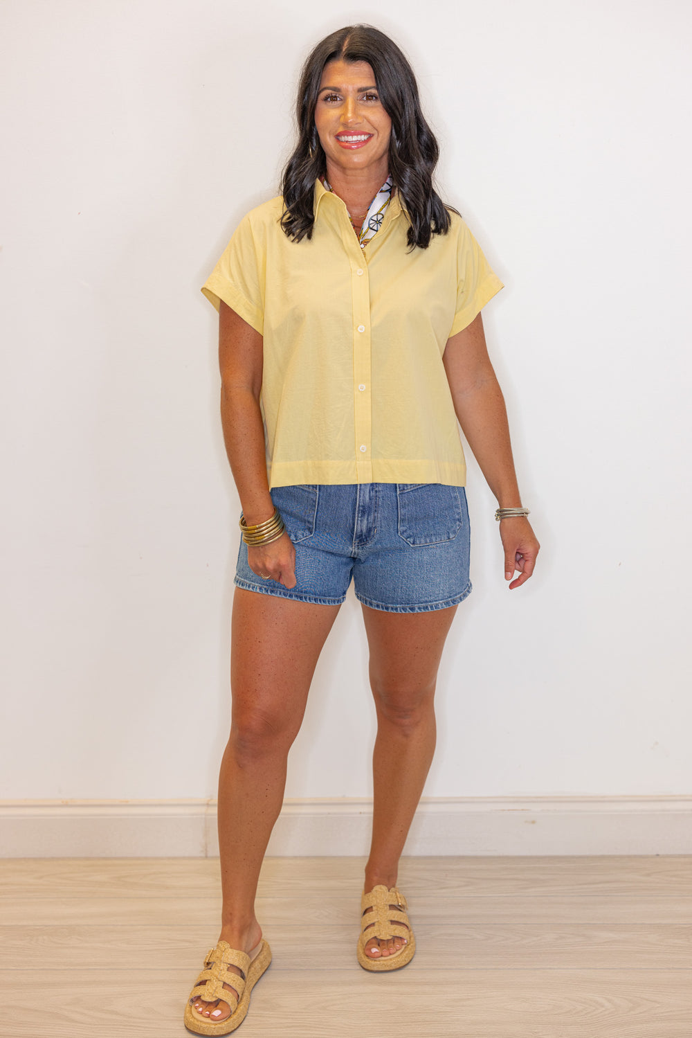 poplin yellow short sleeve button down