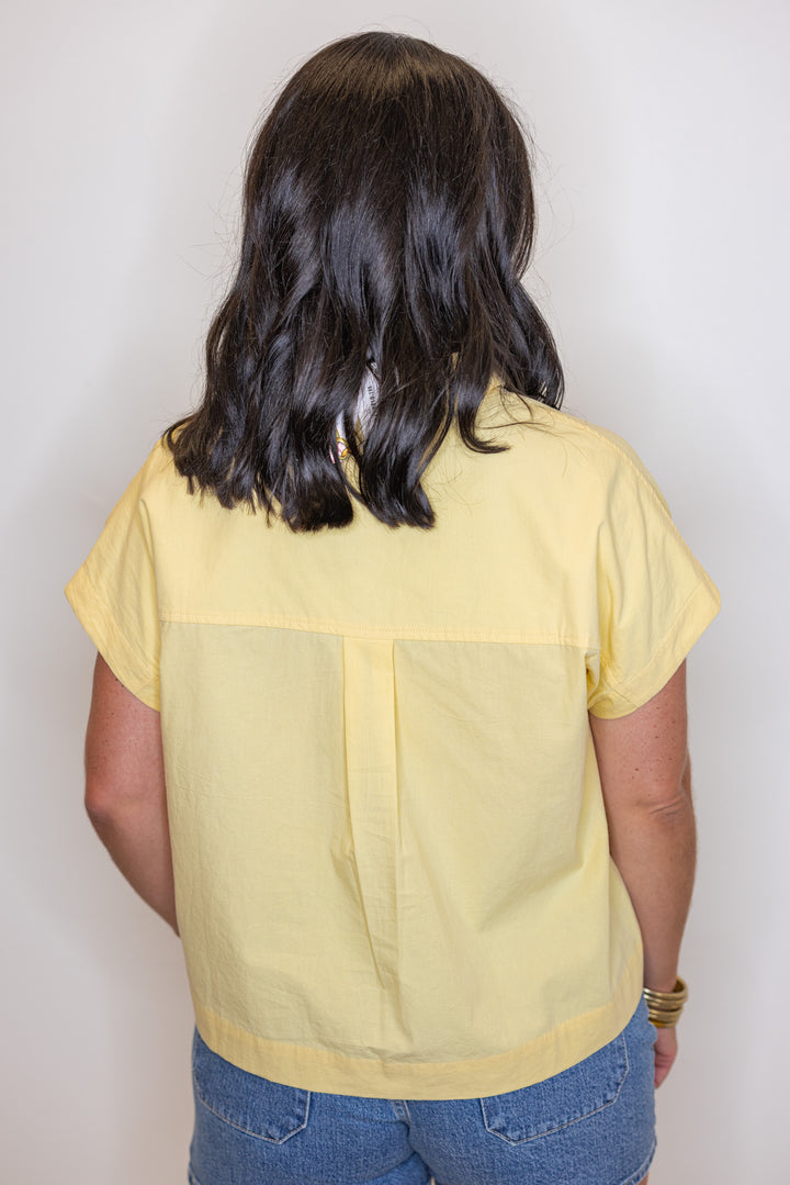 cotton poplin yellow short sleeve button down back