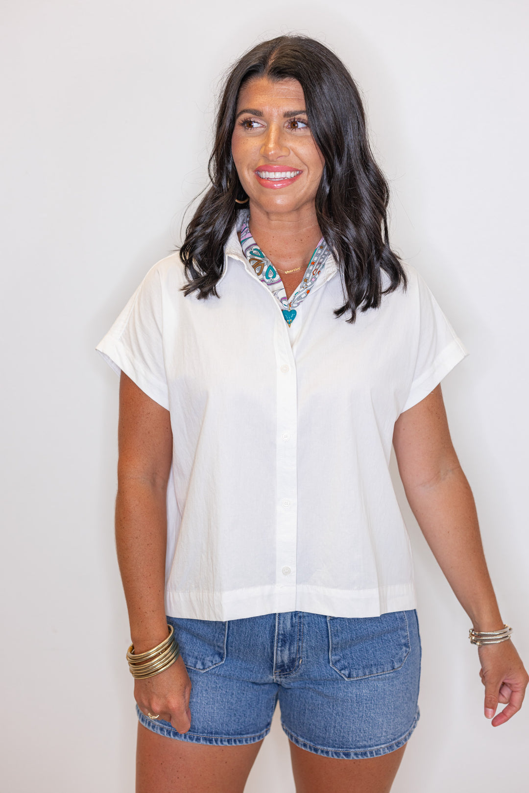 women's white cotton poplin classic short sleeve button up