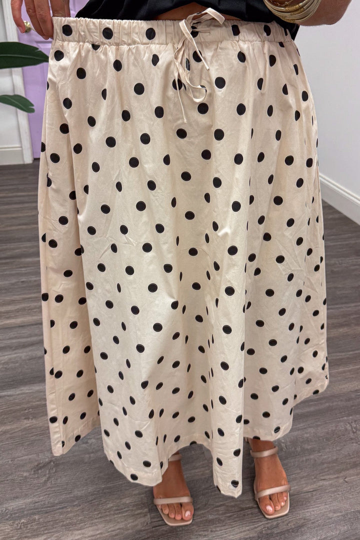 cream with black polka dot print elastic waistband cotton poplin midi skirt