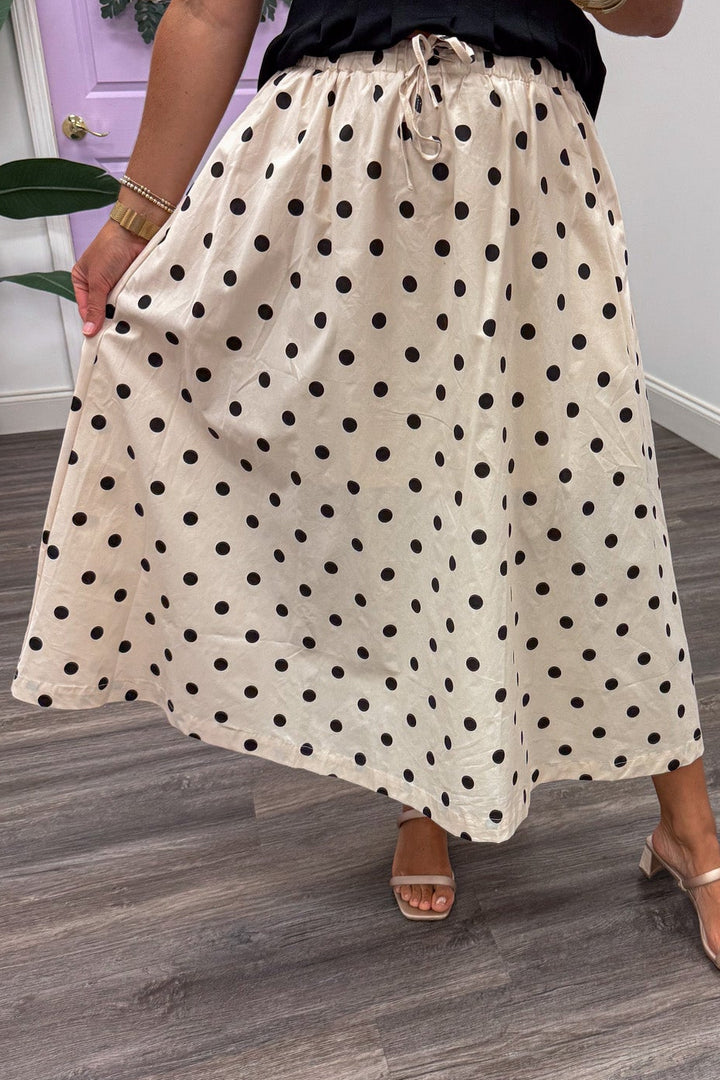 cream with black polka dot print elastic waist relaxed silhouette cotton poplin midi skirt
