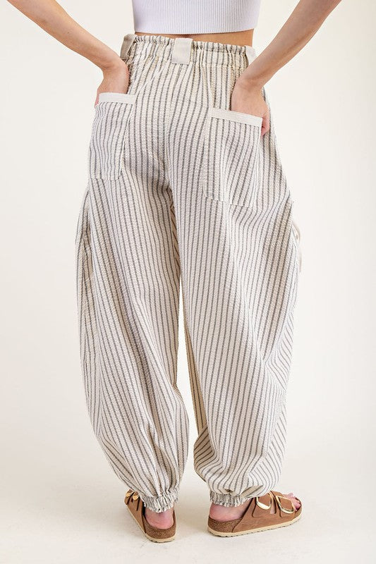ee:some Cream and black striped barrel leg drawstring cargo jogger pants