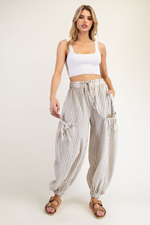 ee:some Cream and black striped barrel leg drawstring cargo jogger pants