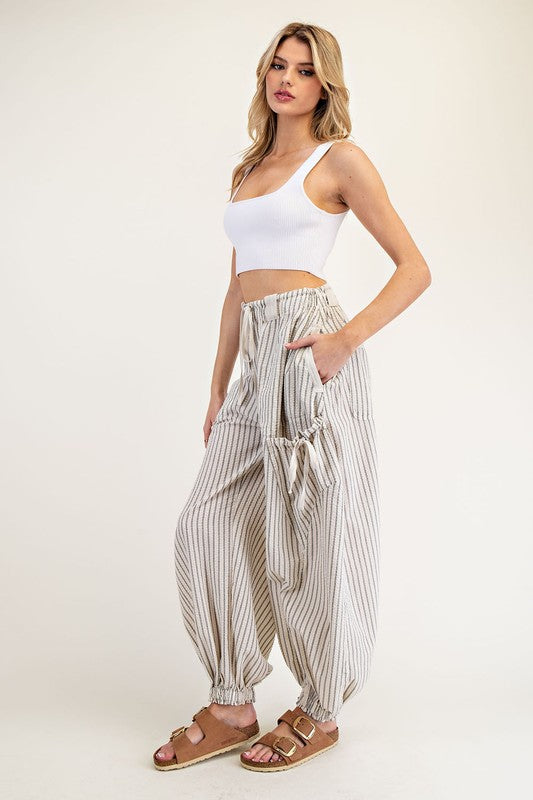ee:some Cream and black striped barrel leg drawstring cargo jogger pants