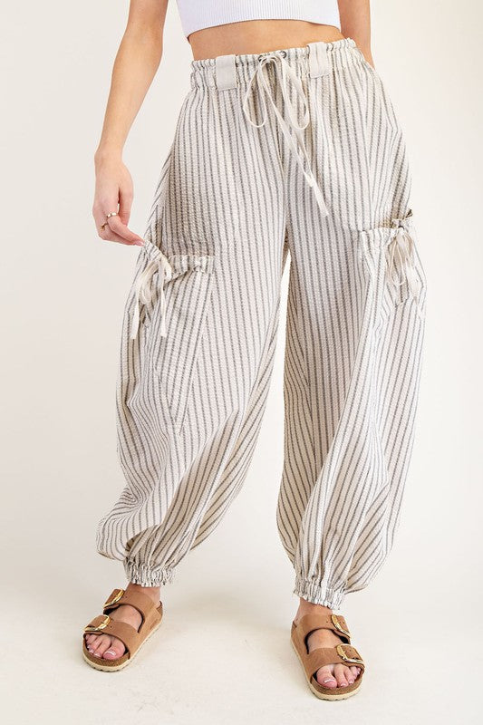 ee:some Cream and black striped barrel leg drawstring cargo jogger pants