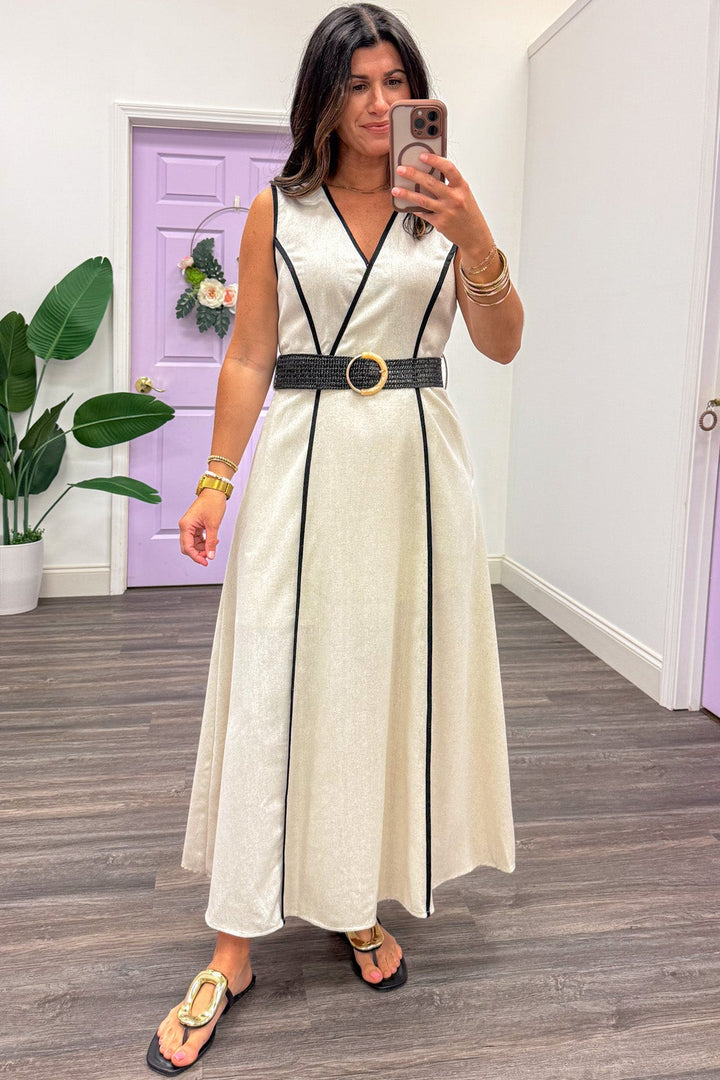 natural linen with black trim belted waist v neckline sleeveless midi dress