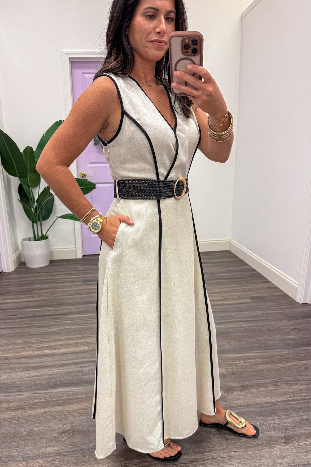 natural linen with black trim belted waist midi dress with side pockets