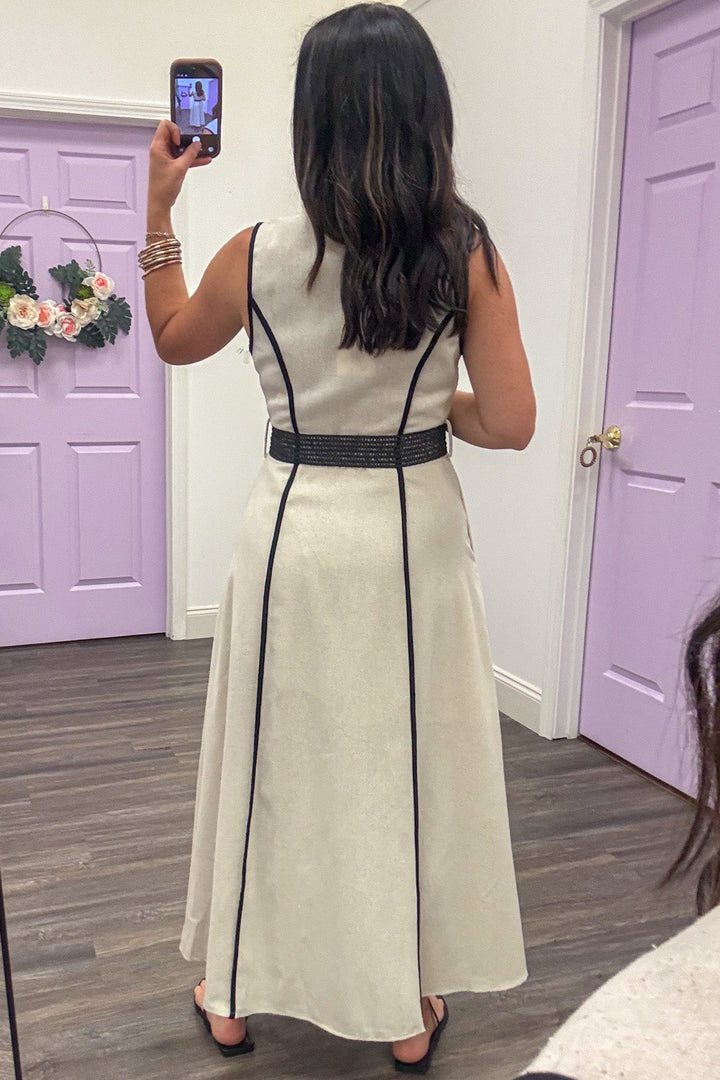 natural linen with black trim details belted waist sleeveless midi dress