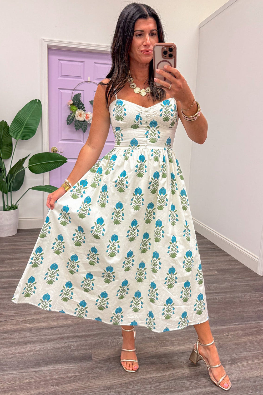 cream blue and olive green floral print sleeveless flowy midi dress