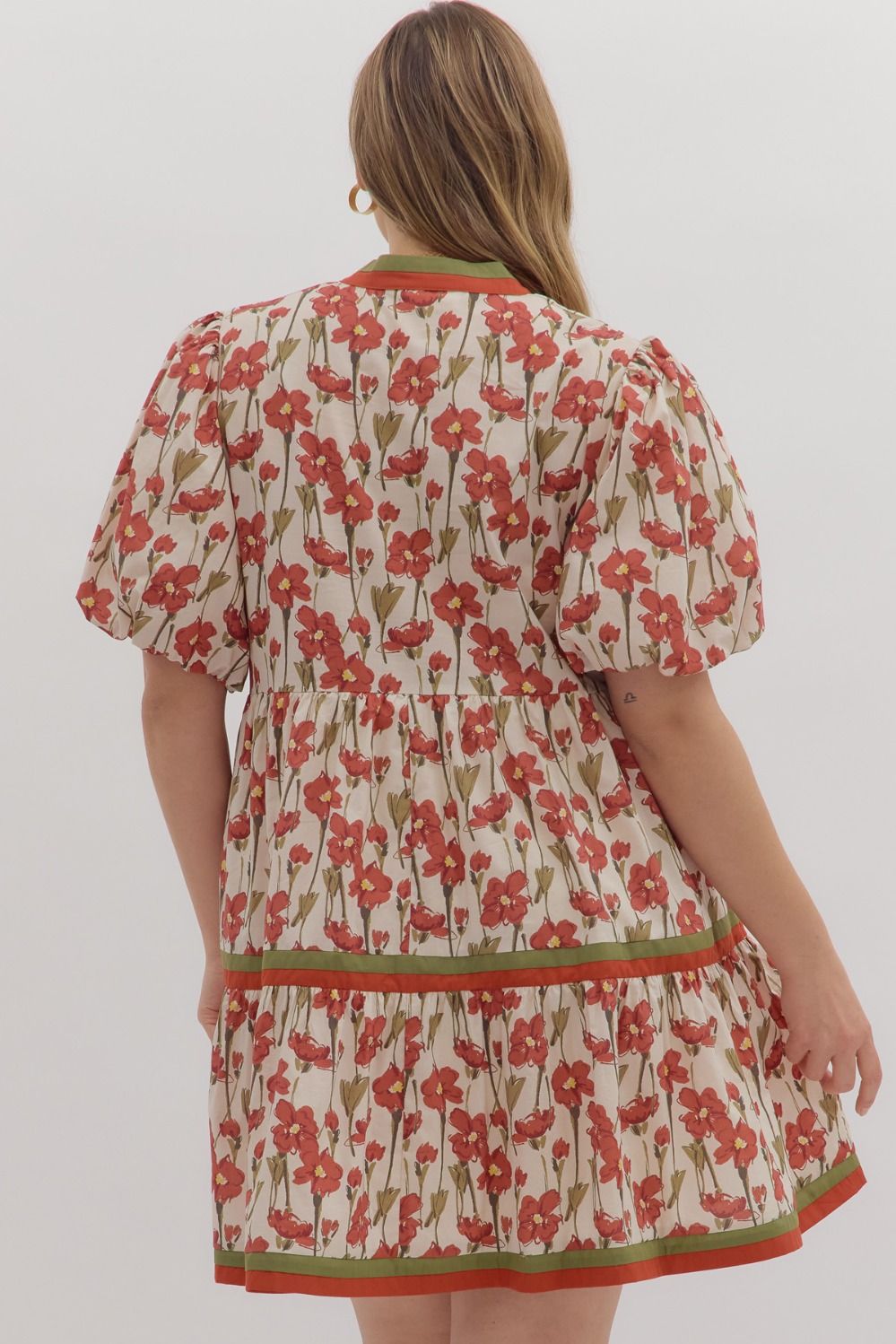 Cream tiered dress with rusted burgundy and olive floral print by Entro in Plus showing back view