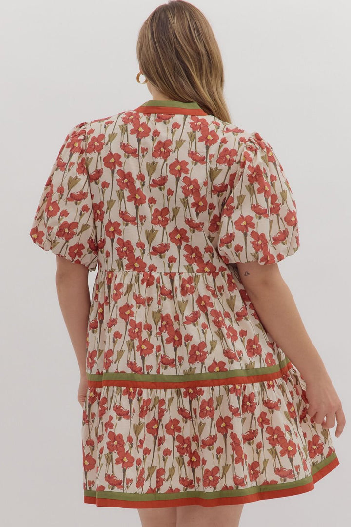 Cream tiered dress with rusted burgundy and olive floral print by Entro in Plus showing back view