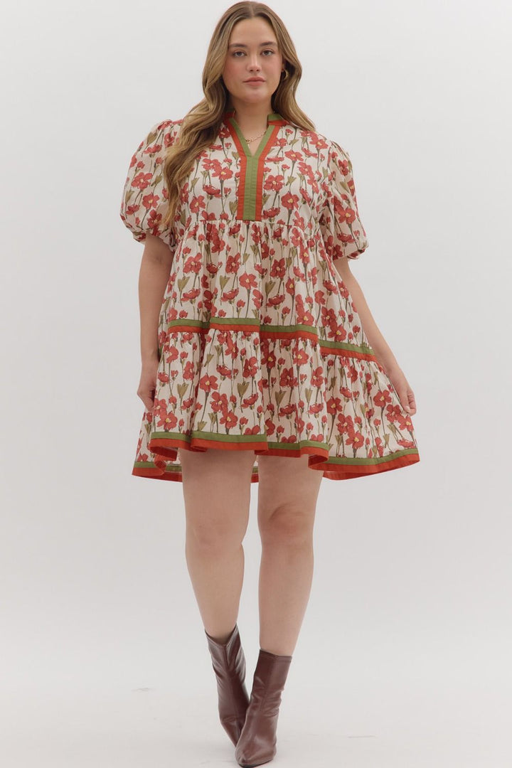 Cream tiered dress with rusted burgundy and olive floral print by Entro in Plus showing full front view