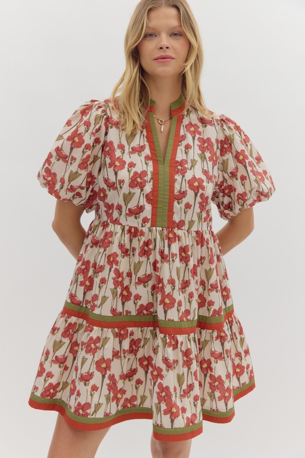 Cream tiered dress with rusted burgundy floral print by Entro 