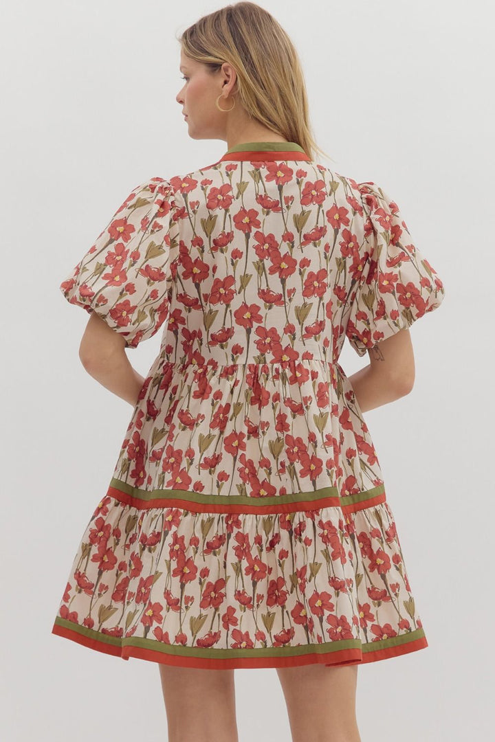 Cream tiered dress with rusted burgundy floral print by Entro showing back view