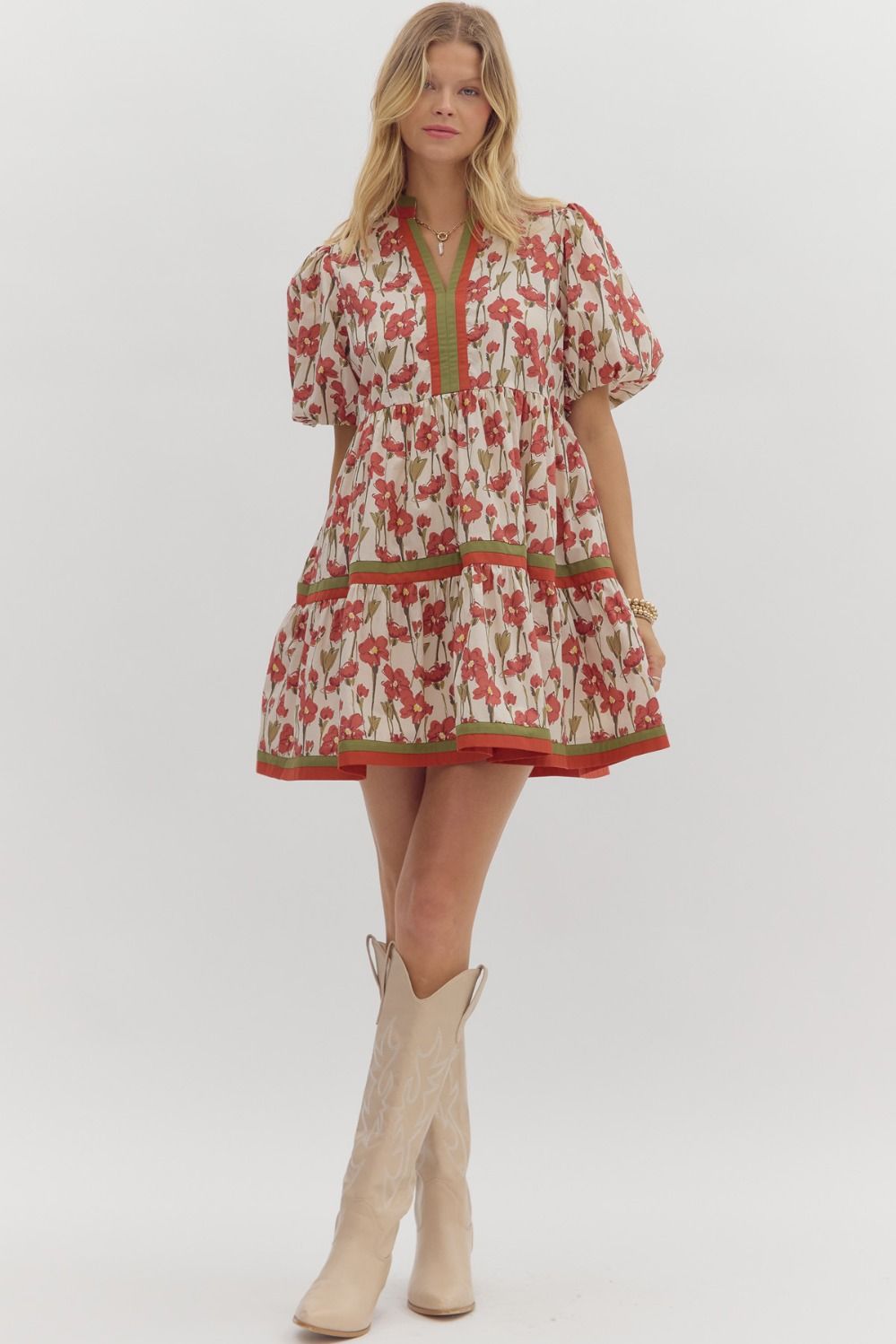 Cream tiered dress with rusted burgundy floral print by Entro showing full front view