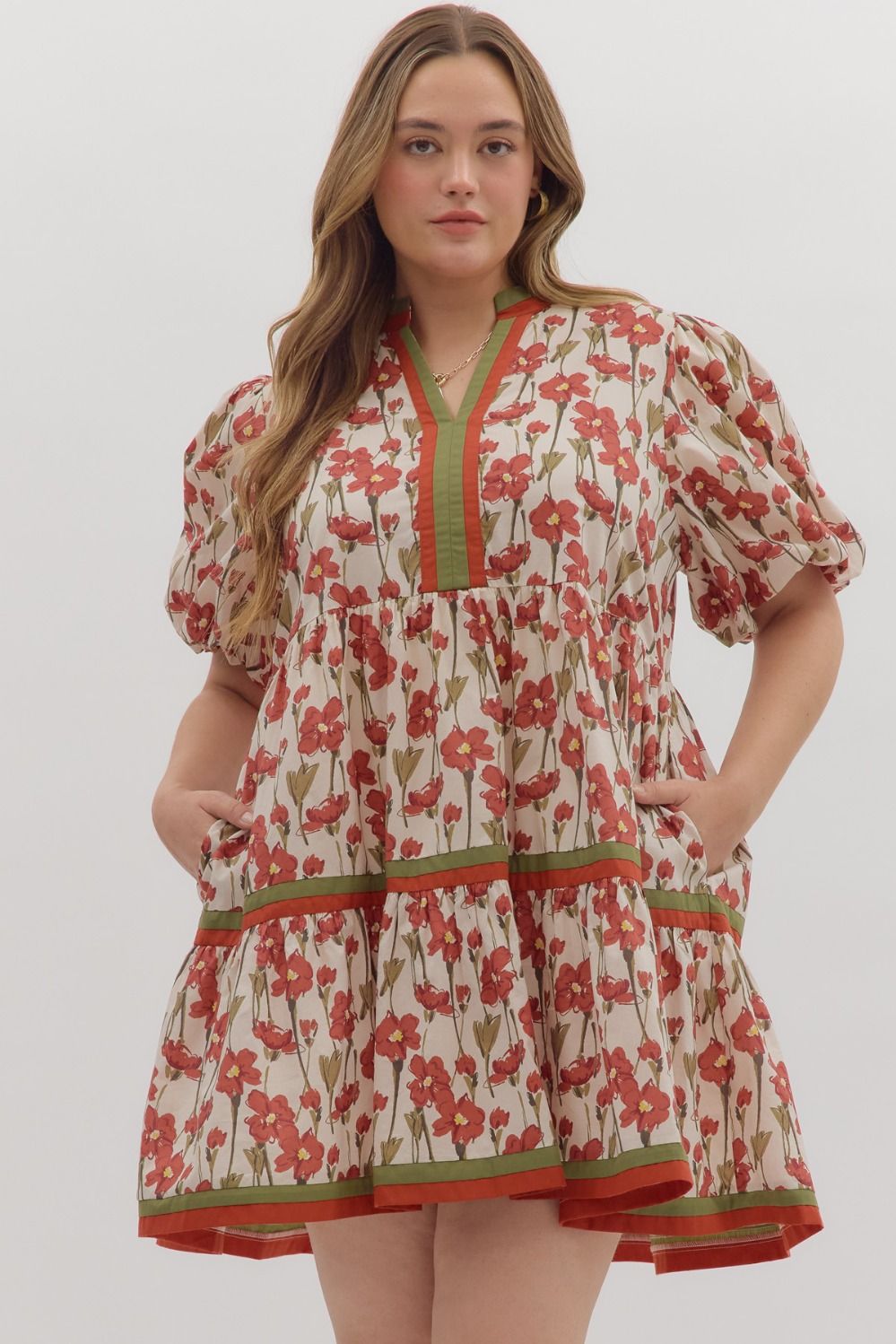 Cream tiered dress with rusted burgundy and olive floral print by Entro in Plus