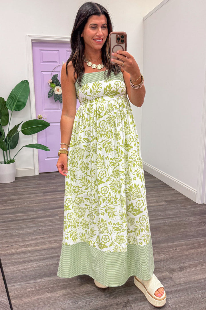 cream and light green floral print striped sleeveless maxi dress