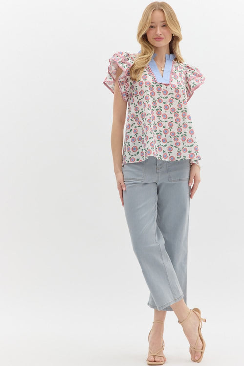 Entro Cream poplin top with red, light blue and green floral print