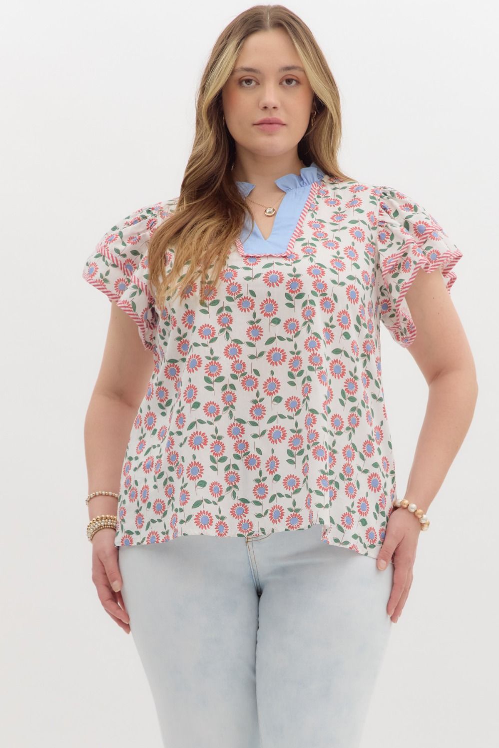 Entro Plus Cream poplin top with red, light blue and green floral print
