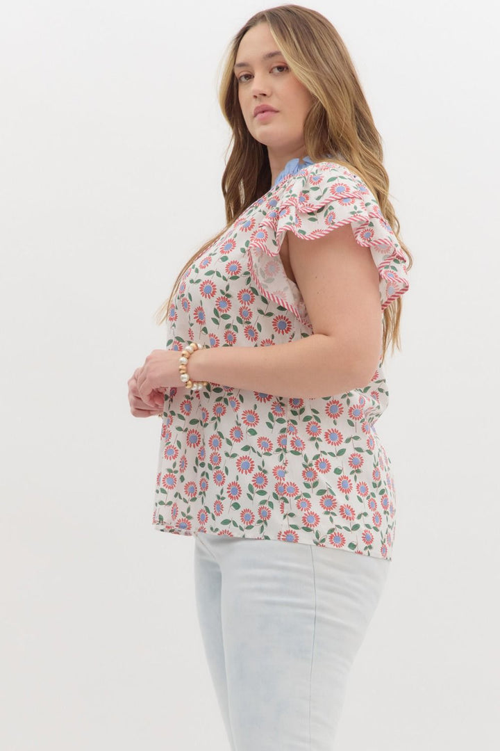 Entro Entro Cream poplin top with red, light blue and green floral print